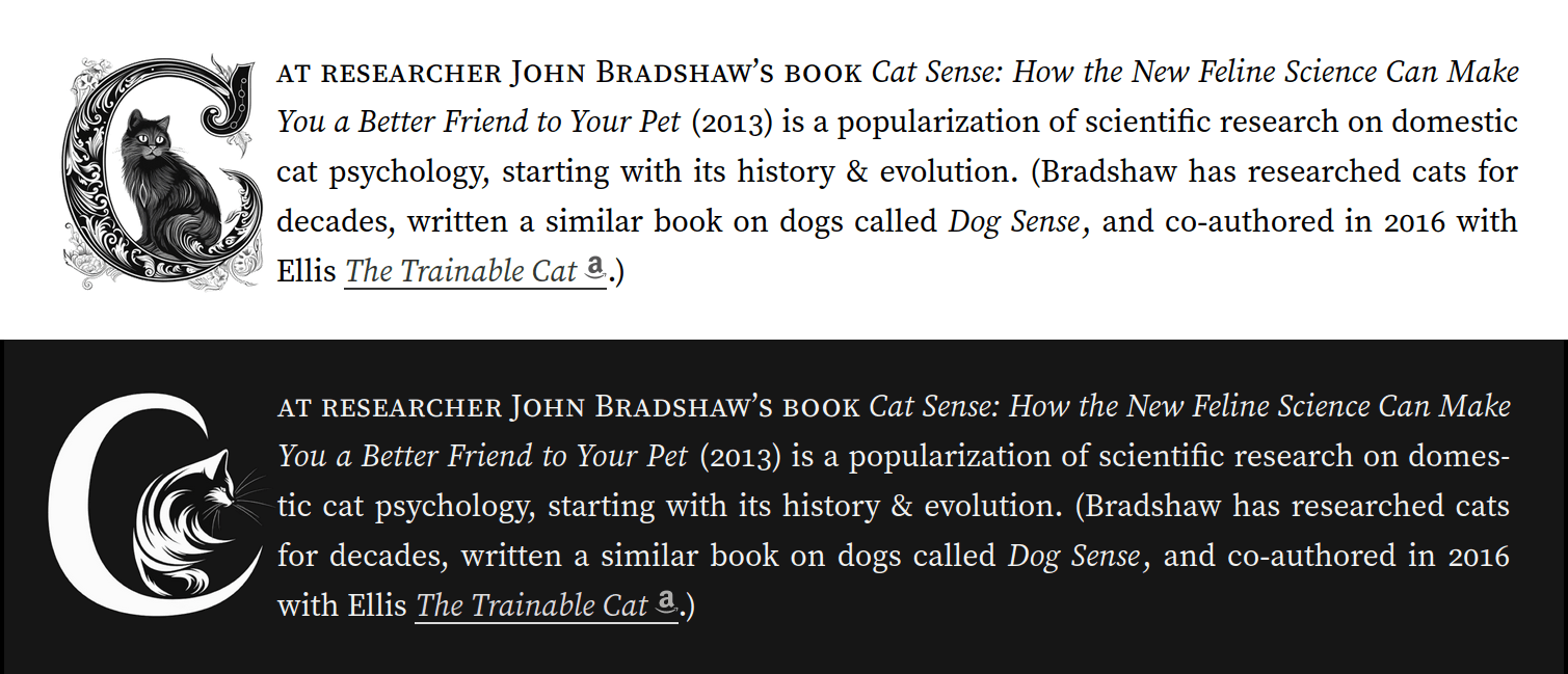 Demonstration of ‘C’ dropcat use in light (top) & dark (bottom) mode on a Gwern.net page.