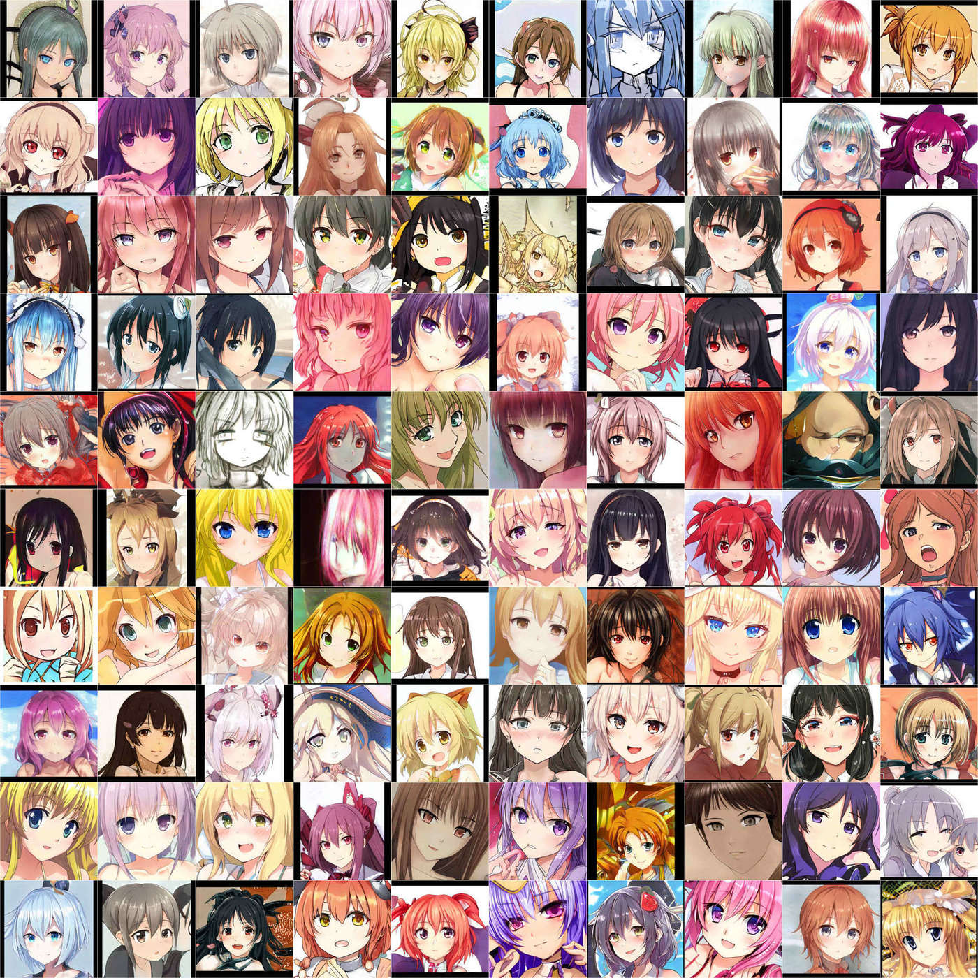 100 random sample images from the StyleGAN 2 anime portrait faces in TWDNEv3, arranged in a 10×10 grid.