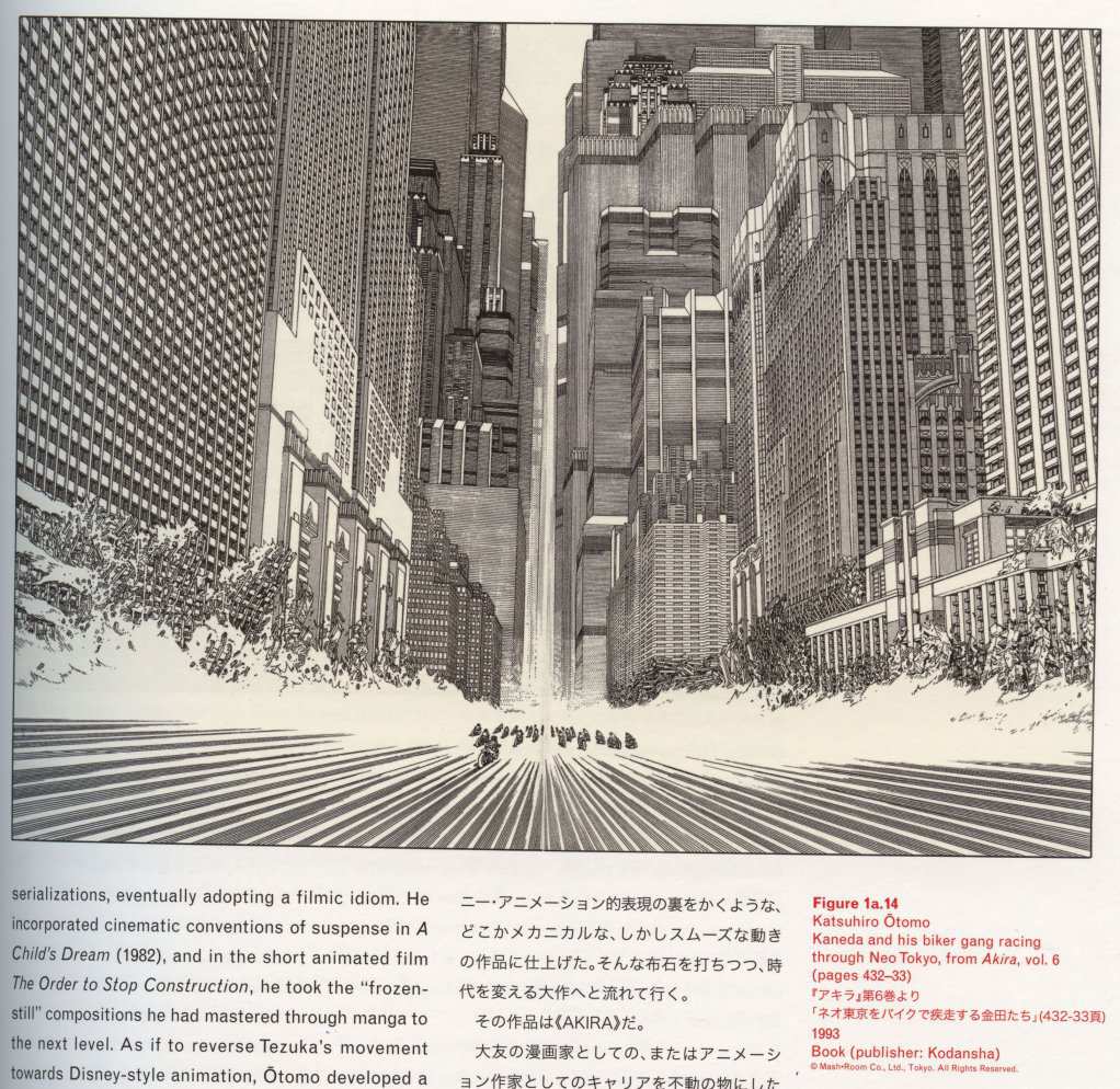 Caption left bottom: · Katsuhiro Ōtomo · Kaneda and his biker gang racing through Neo Tokyo, from Akira, vol. 6 · 199332ya · Book (publisher: Kodansha)