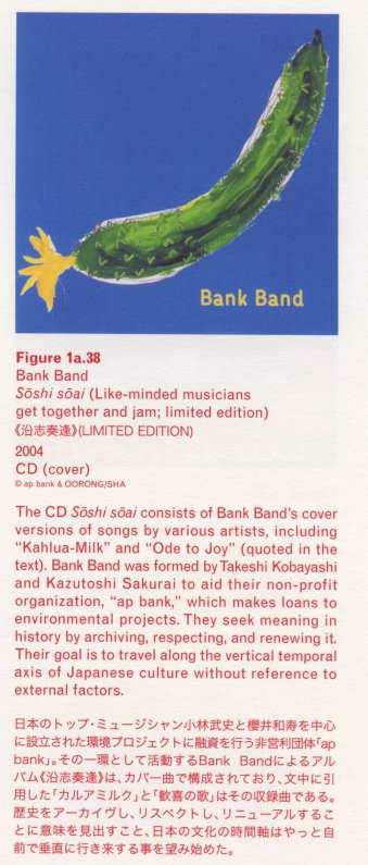 [pg135] Caption right top: · Figure 1a.38 · Bank Band · Soshi soai (Like-minded musicians get together and jam; limited edition) · 200421ya · CD (cover) · The CD Soshi soai consists of Bank Band’s cover versions of songs by various artists, including “Kahlua-Milk” and “Ode to Joy” (quoted in the text). Bank Band was formed by Takeshi Kobayashi and Kazutoshi Sakurai to aid their non-profit organization, “ap bank”, which makes loans to environmental projects. They seek meaning in history by archiving, respecting, and renewing it. Their goal is to travel along the vertical temporal axis of Japanese culture without reference to external factors.