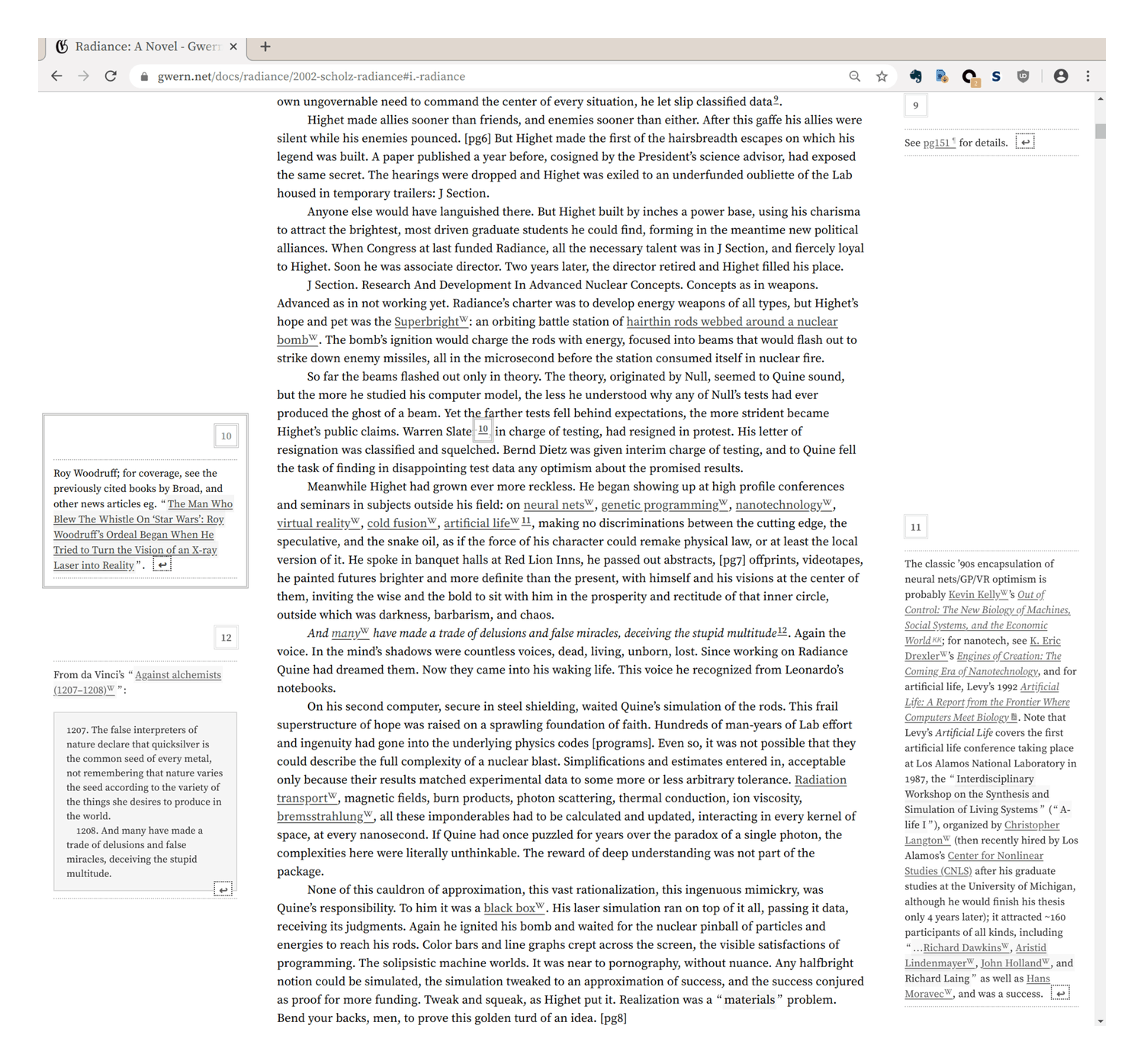 Demonstration of sidenotes.js handling multiple large dense endnote annotations on Radiance.