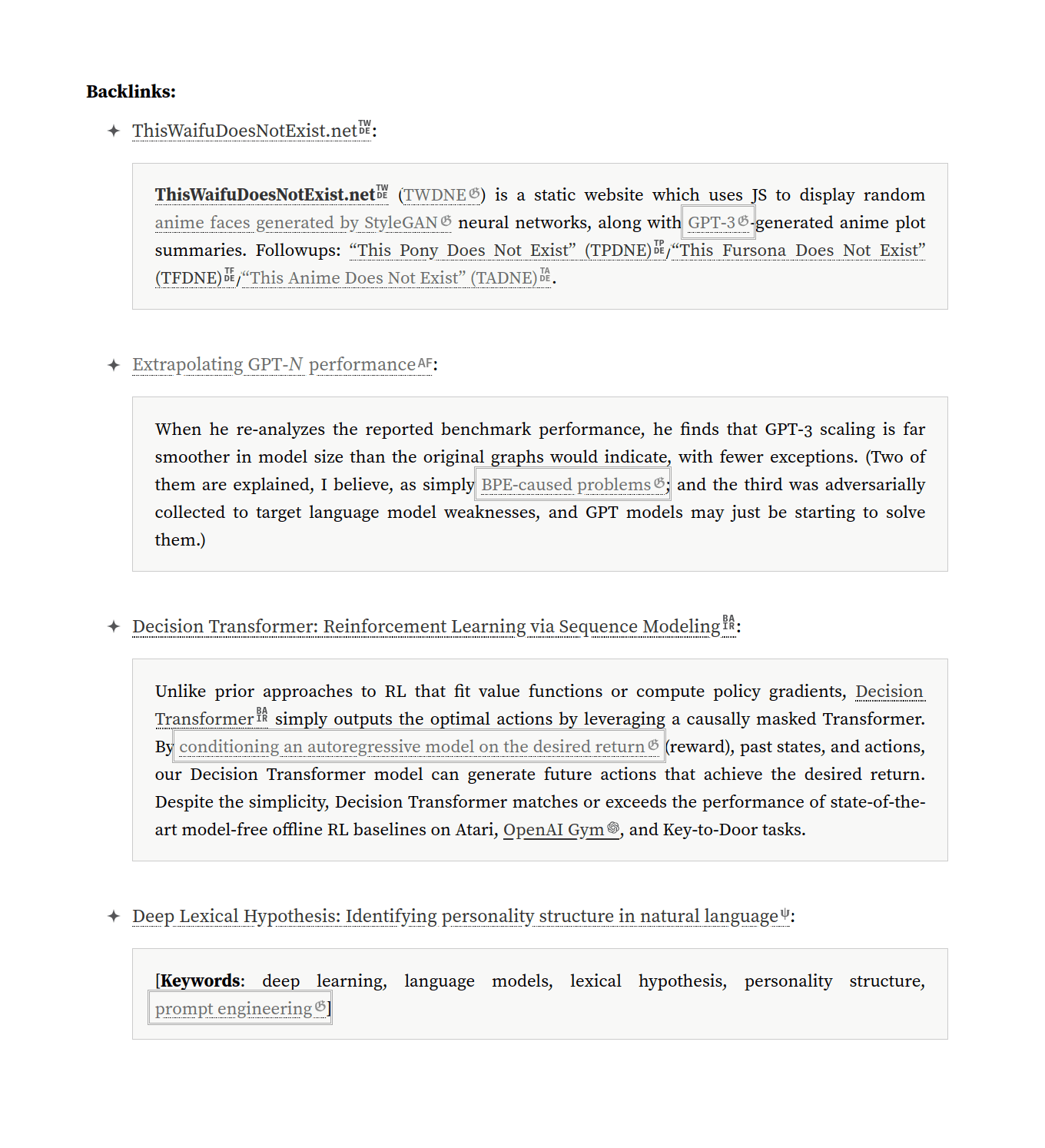 The GPT-3 page’s backlinks, showing backlinks from research articles which have annotations linking to it, and not just top-level pages (another example).