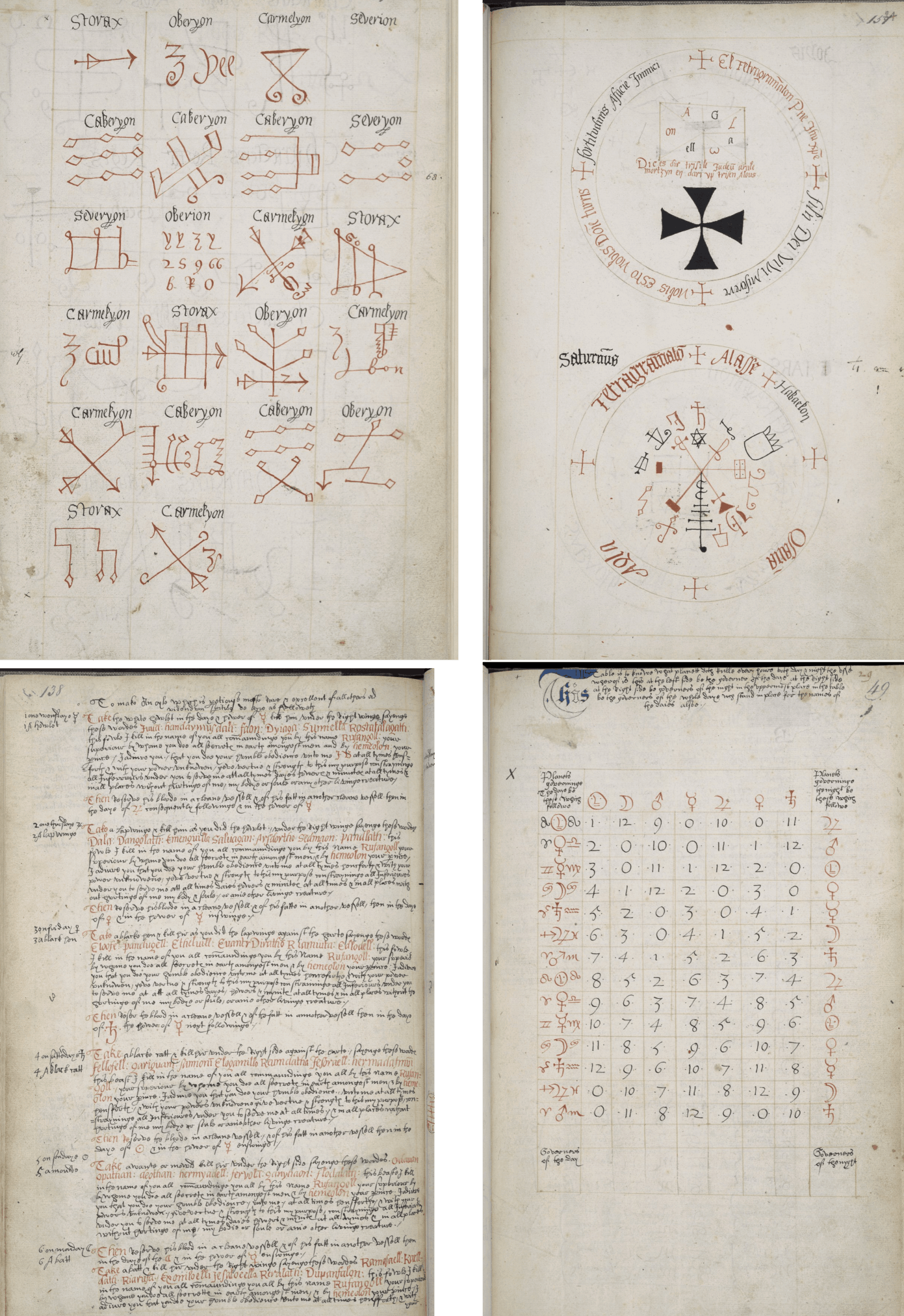 4 pages (pg49, 131, 151, & 188) from MSS Folger V.b.26, the anonymous Book of Magic, with Instructions for Invoking Spirits (1577–61583442ya?; transcription/translation)