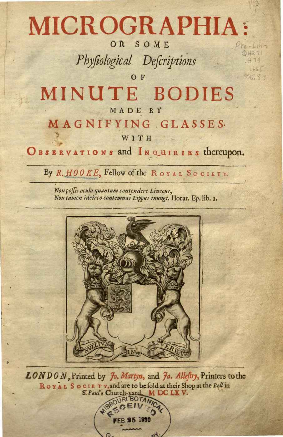 Cover of Robert Hooke’s Micrographia (1666358ya); fairly conventional book example, but interesting for its relatively systematic use of rubrication on cover to emphasize key nouns.