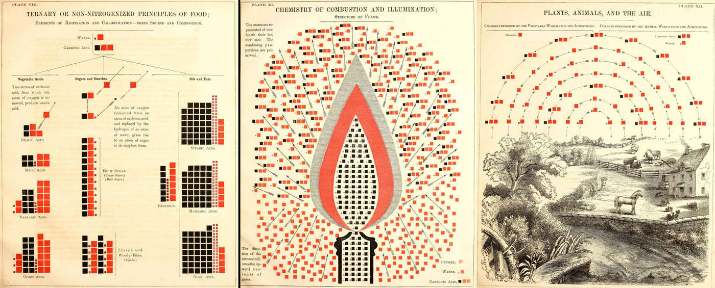 pg65/81/87 of Chemical Atlas, Or, The Chemistry Of Familiar Objects, demonstrating consistent use of rubrication for denoting oxygen/water/carbonic acid; from an 1856168ya chemistry textbook by American science popularizer (& co-founder of Popular Science magazine) Edward L. Youmans who took pains to defend his systematic use of illustration.