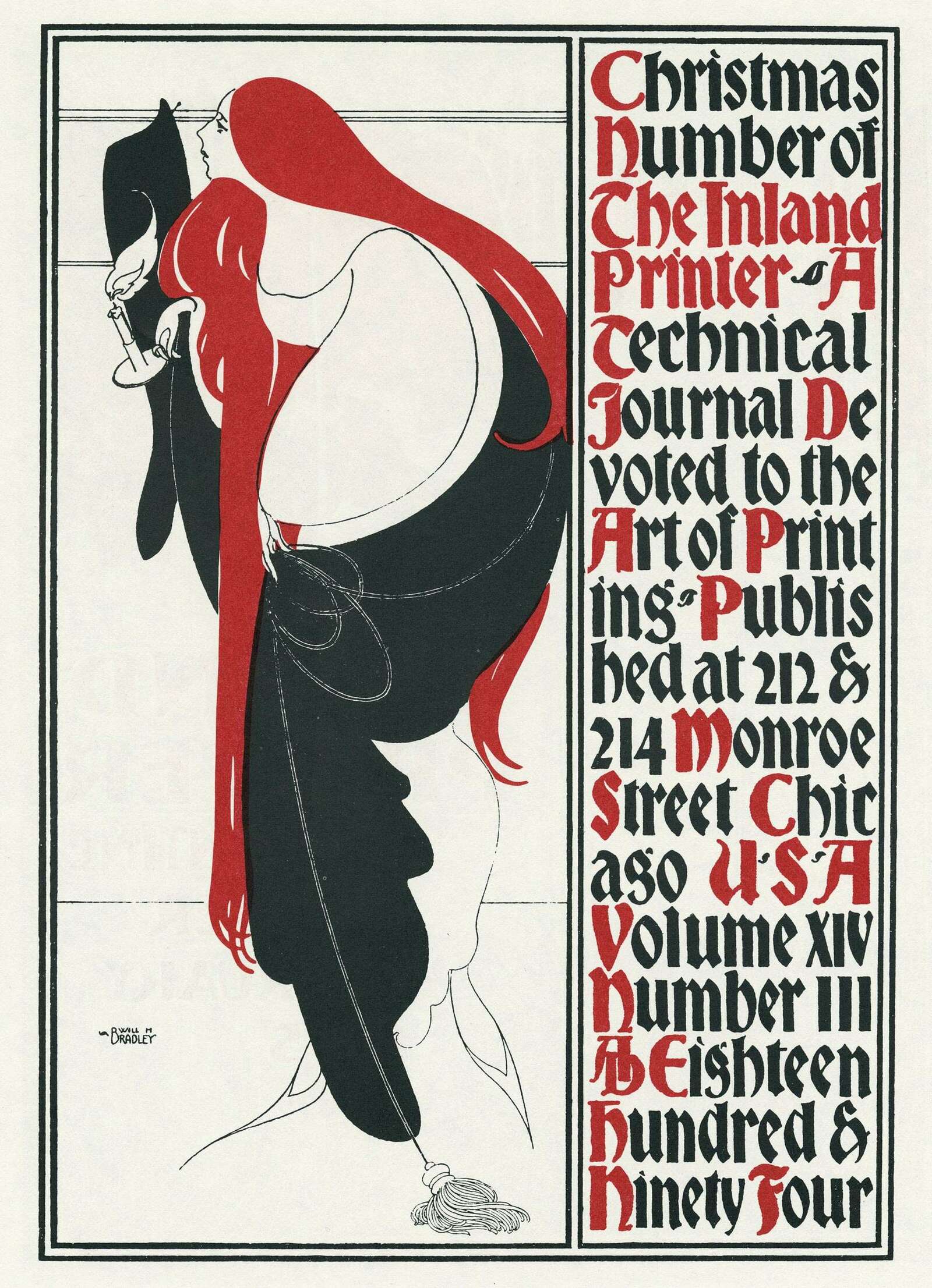 Will H. Bradley Art Nouveau cover of the noted printing magazine & showcase, The Inland Printer (v14, #3, 1894131ya; scan from Will Bradley: His Graphic Art via David Jonathan Ross apropos of making a Bradley revival font).