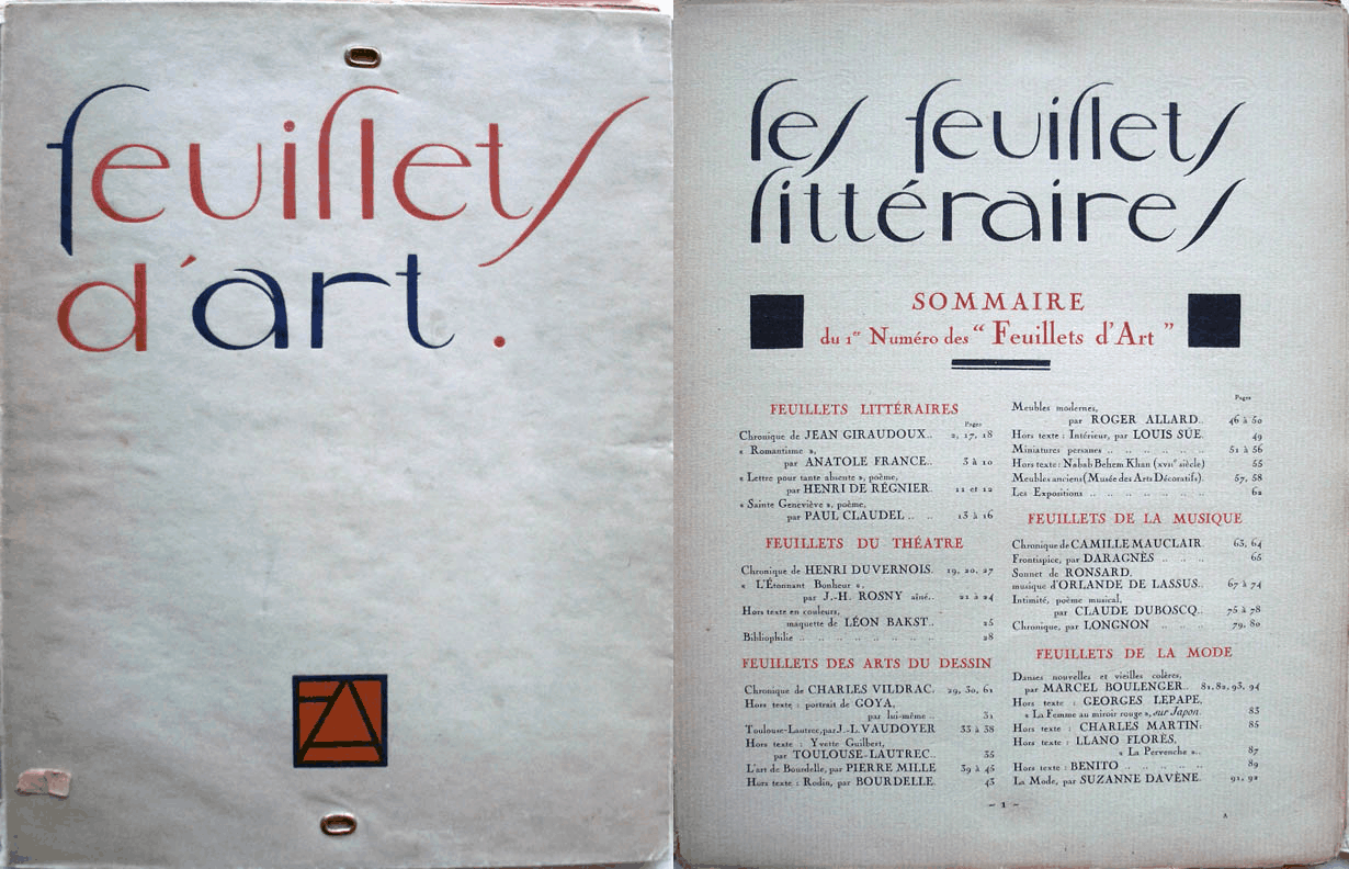 Title & table of contents of issue #1 (1919106ya) of Les Feuillets d’Art (The Pages of Art), a prominent Parisian fashion magazine (1919–1922103ya); scanned by Princeton University Library