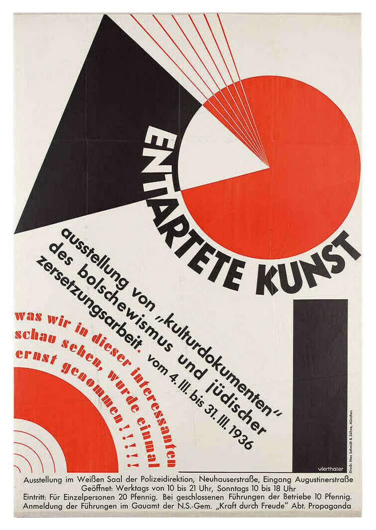 A parody of “cultural documents of Bolshevism” (ie. “Beat the Whites with the Red Wedge”) by Nazi designer Hans Vitus Vierthaler (1910–32194283ya); poster apparently designed in 193689ya for the Nazi’s1937 “Degenerate Art Exhibition” condemning Entartete Kunst/“degenerate art”