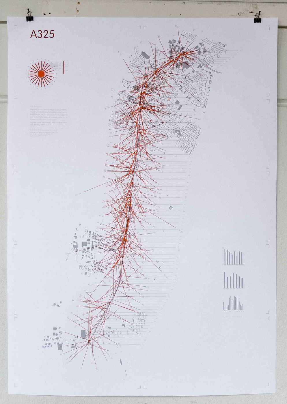 German design studio Catalogtree’s “VINEC 001-009” project: “March 200520ya—A series of nine screen-printed posters commenting on the growth of Arnhem and nearby Nijmegen. The series focuses on the A325 highway which connects the two cities. … A325-005 [#6 out of 9 posters]: All accidents on A325—location, speed, time of day and day of week—between December 16, 199827ya and January 1, 200322ya.” Like the IBM photocopier diagram, this uses rubricated lines to call out details on a schematic, but the rubrication is deliberately overdone, blotting out the original road in favor of painting a bloody spine out of the implied injuries/mortalities.