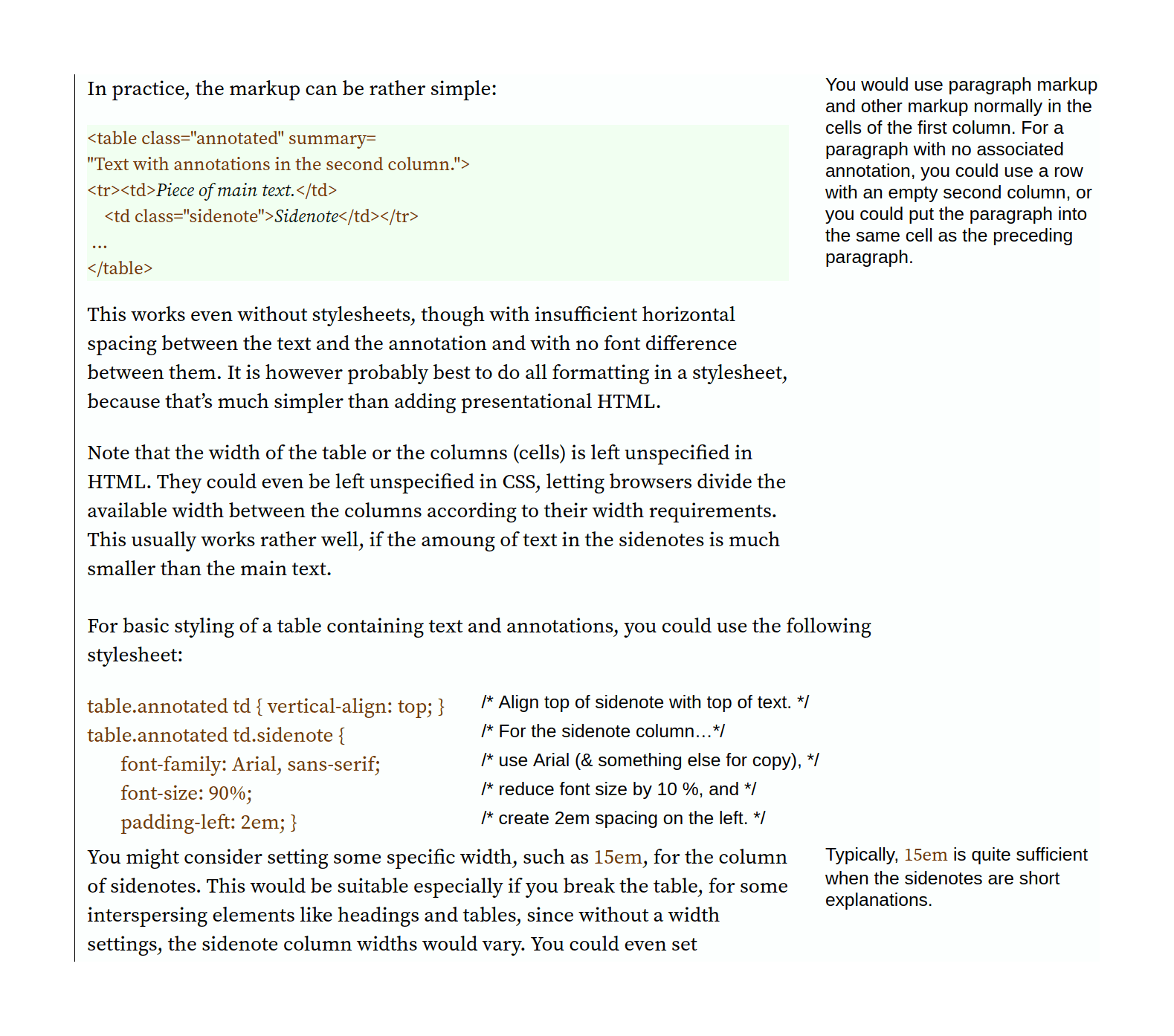 Sidenotes via 2-column HTML tables.