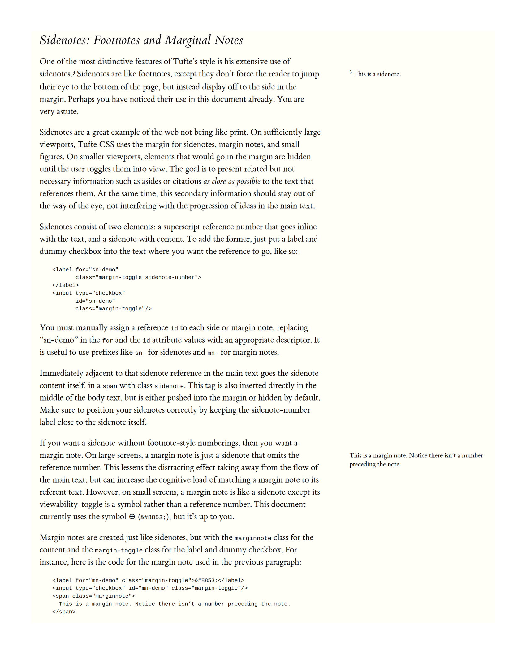 Tufte-CSS’s section on sidenotes/margin notes, demonstrating sidenotes/margin notes (default desktop appearance).