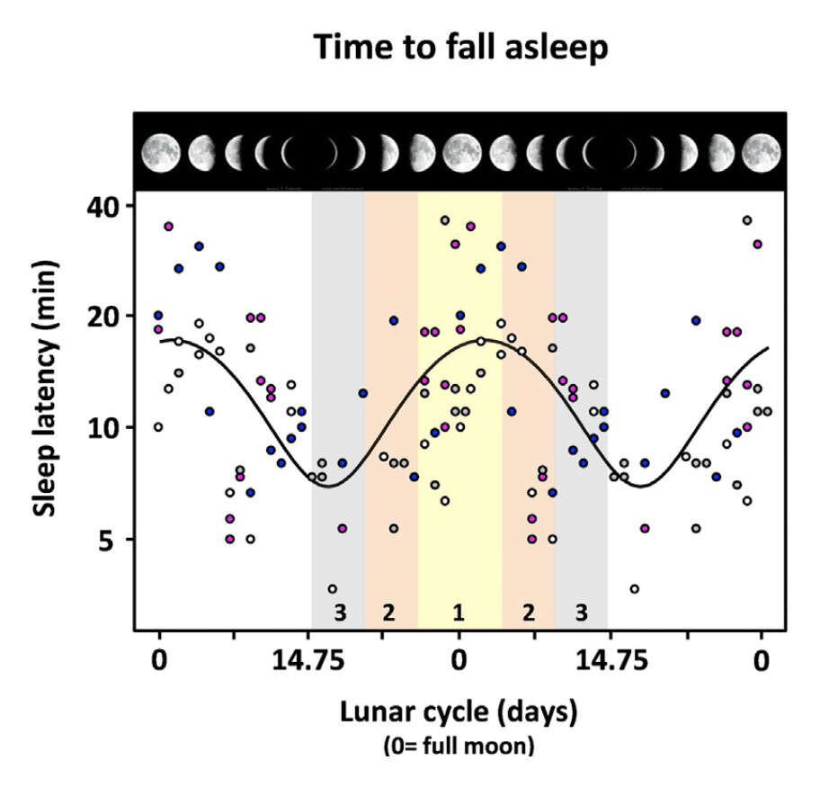 “Figure 1: Time to Fall Asleep and Lunar Phase. Each data point (total of 64 nights double plotted) represents EEG-defined sleep-onset time (ie. sleep latency: time between lights off and the first EEG occurrence of stage 2 sleep in minutes). The different color-coded symbols depict the different gender and age groups: pink for young women, blue for young men, white for older women, and gray for older men. Note: a lunar-phase (pictures upper abscissa)-dependent distribution could be fitted with a sinusoid function [f = y0 + a · sin(2 · π · x⧸b + c); goodness of fit, r = 0.46]. The colored boxes delineate the moon classes 1, 2, and 3, with moon class 1 comprising nights that occurred −4 and +4 days around full moon, moon class 2 comprising nights that occurred 5 to 9 days before and after full moon, and moon class 2 comprising nights that occurred 10 to 14 days before and after full moon.”